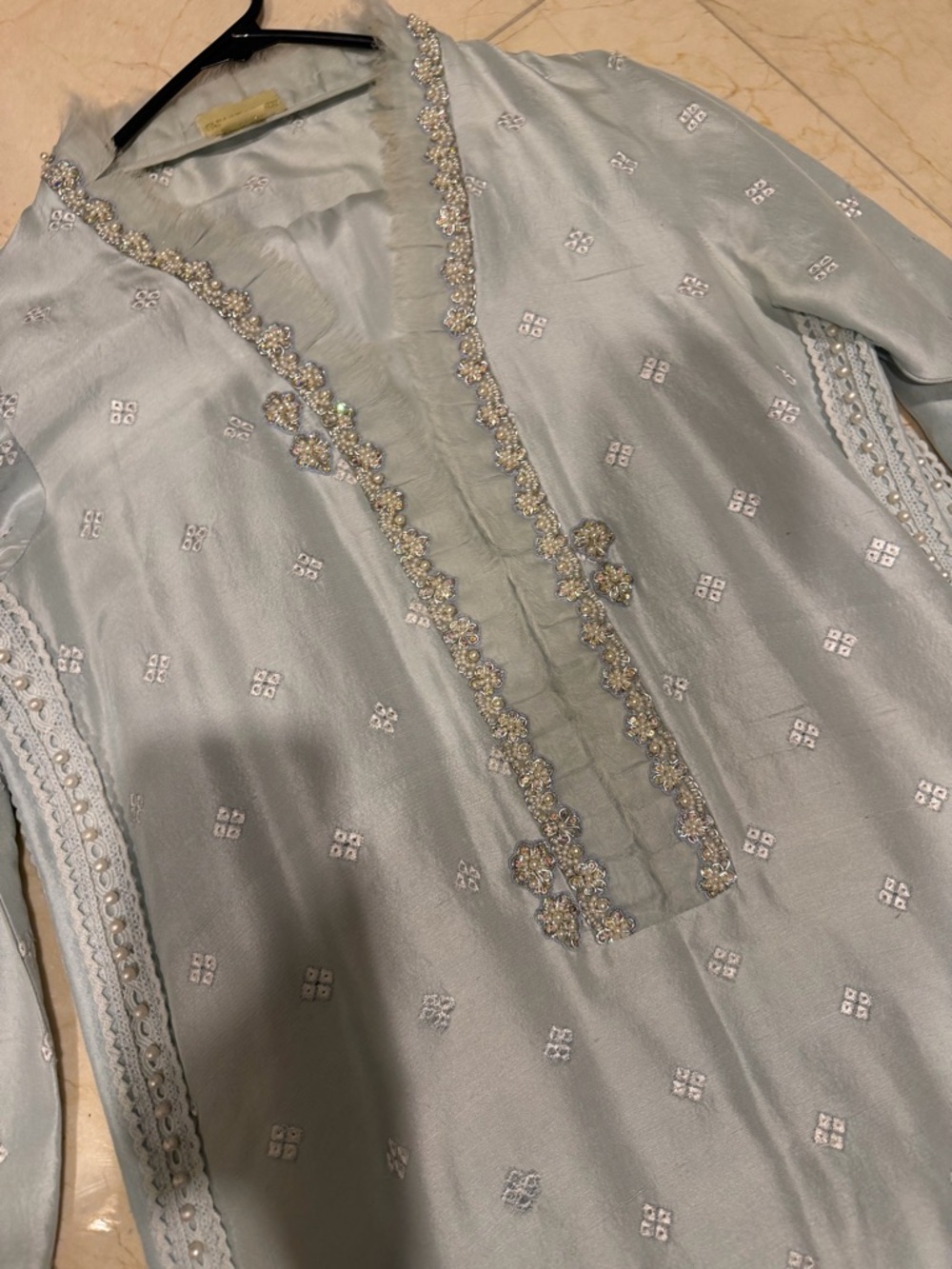 Farah Talib Aziz Daphne Shirt, Trouser and Dupatta in Ice Blue Size Medium - Picture 6 of 9